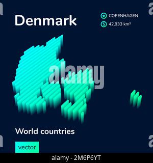 Stylized neon digital isometric striped vector Denmark 3D map in green and mint colors on the black background. Stock Vector