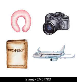 Watercolor hand drawn travel set. Camera tree,passport,travel pillow,airplane isolated on white background. Stock Photo