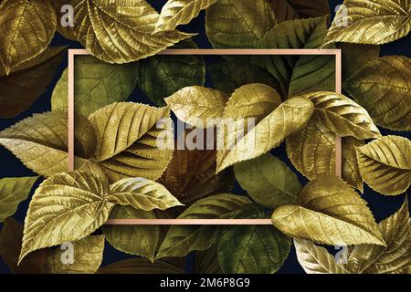 Gold rectangle frame on a metallic leaves textured background vector Stock Vector