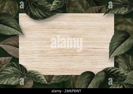 Blank wooden board on a metallic green leaves textured background vector Stock Vector