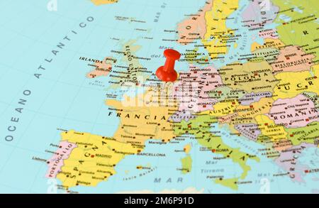 Red push pin pointing at Brussels, Belgium, on a map of europe Stock Photo