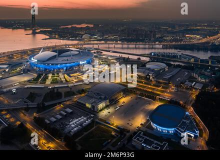 Russia, St. petersburg, 17 August 2022: A picturesque sunset over the sights, the Gazprom Arena football stadium, the highest sk Stock Photo