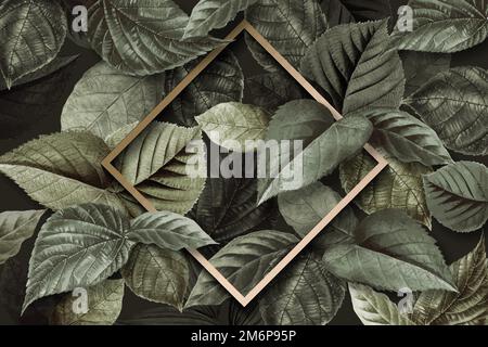 Gold rhombus frame on a metallic green leaves textured background Stock Vector