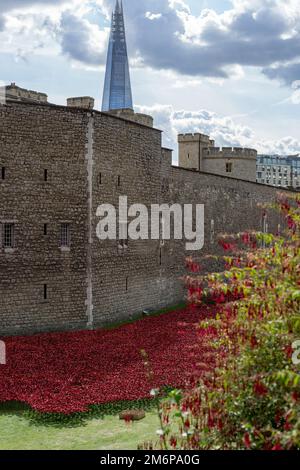 LONDON, UK - AUGUST 22. Poppy display at the Tower of London on August 22, 2014 Stock Photo