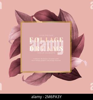 Golden frame on a pink leafy background vector Stock Vector