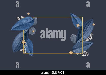 Gold rectangle frame decorated with blue leaves on a navy blue background Stock Vector
