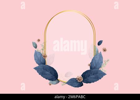 Gold oval frame decorated with blue leaves on a pink background Stock Vector