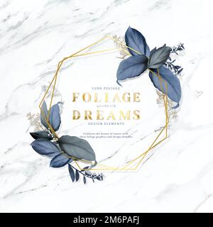 Foliage dreams in a gold hexagon frame decorated with blue leaves on a white marble background Stock Vector