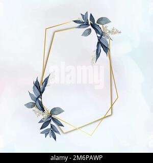 Gold pentagon frame decorated with blue leaves on a white paint brushstroke background Stock Vector