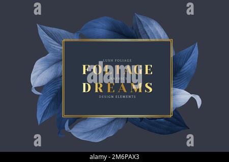 Golden frame on a blue leafy background vector Stock Vector