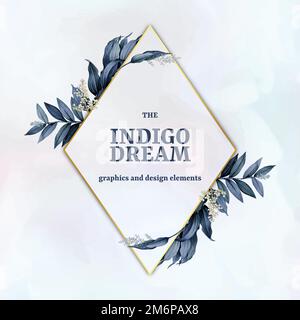 Indigo dream in a gold rhombus frame decorated with blue leaves on a white paint brushstroke background Stock Vector