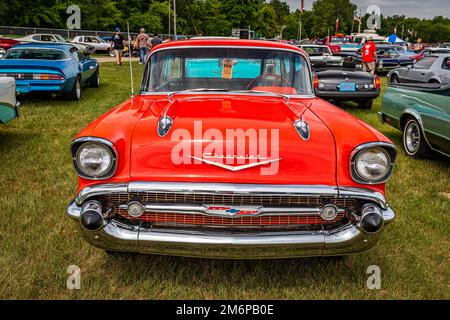 Iola, WI - July 07, 2022: High perspective front view of a 1957 Chevrolet Nomad Station Wagon at a local car show. Stock Photo