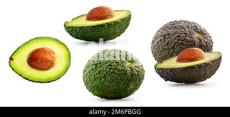 Fresh ripe avocado set isolated on  white background. Raw vegetable design elements composition, focus stacking, full depth of field macro. Tasty crea Stock Photo