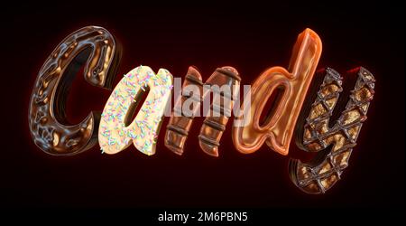 Dark, milk, white chocolate, toffee caramel letters candies in the form of word 'candy'. Сombination of caramel and chocolate flavors. Candy alphabet Stock Photo