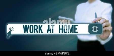 Text caption presenting Work At Home. Business idea Freelance job working on your house convenient technology Lady in suit holdi Stock Photo