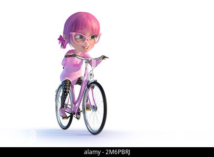 Cute cheerful smiling cartoon girl riding on the bicycle. Funny cartoon kid character of a little kawaii girl with glasses and pink anime hairs. Happy Stock Photo