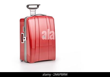 Red stylish traveler suitcase isolated on white background. Wheeled baggage case, summer vacation luggage with space for text, 3D minimal style travel Stock Photo