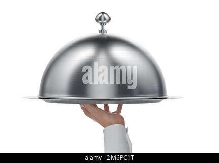 Waiter hand holding shiny restaurant tray and metal cloche dish lid isolated on white background. Restaurant promo, serving banquet, present, offer il Stock Photo