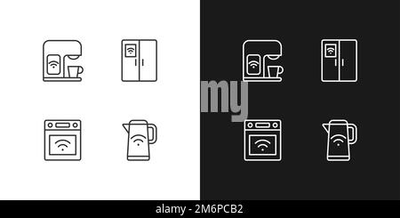 Smart kitchen appliances pixel perfect linear icons set for dark, light mode Stock Vector
