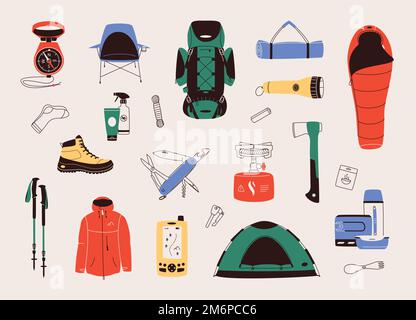 Flat design vector illustration of hiking, trekking or camping objects or equipment. Stock Vector