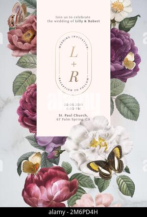 Floral frame on a marble textured background vector Stock Vector