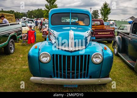 Iola, WI - July 07, 2022: High perspective front view of a 1946 Ford F1 Pickup Truck at a local car show. Stock Photo