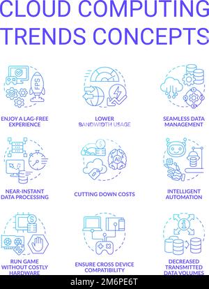 Cloud computing trends benefits blue gradient concept icons set Stock Vector