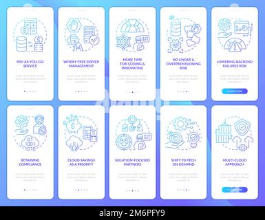 Digital cloud trends blue gradient onboarding mobile app screen set Stock Vector