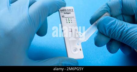 Negative test result by using rapid test device for COVID-19. Stock Photo