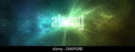 Burst of light in space. Night starry sky and bright yellow green galaxy, horizontal background banner Stock Photo