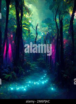 Dark green fairy tale forest with ethereal lights digital art Stock Photo