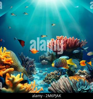 Colorful underwater world background coral reef and fish digital art Stock Photo