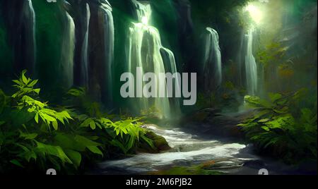 Waterfalls in green fairy tale forest digital art Stock Photo