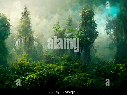 Dark green fairy tale forest with ethereal lights digital art Stock Photo