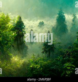 Dark green fairy tale forest with ethereal lights digital art Stock Photo