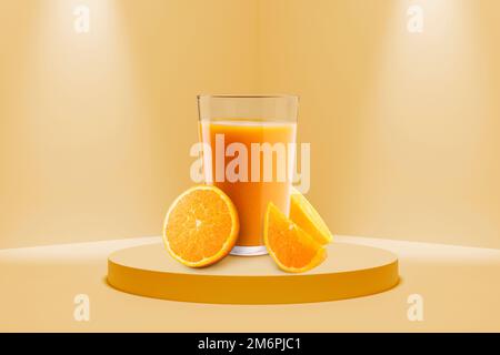 Orange juice with orange slices on background with platform. Stock Photo