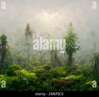 Dark green fairy tale forest with ethereal lights digital art Stock Photo