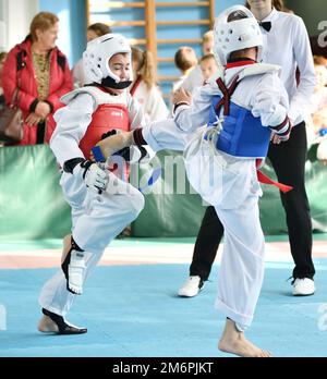 Orenburg, Russia - October 19, 2019: Young men compete in taekwondo (Korean martial arts) at Orenbur Stock Photo