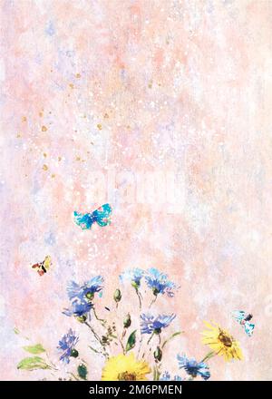 Blue flowers on pink background oil paint vector Stock Vector