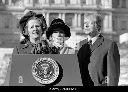 President Jimmy Carter and First Lady Rosalynn Carter with Prime Minister Margaret Thatcher. Dec 1979. Stock Photo