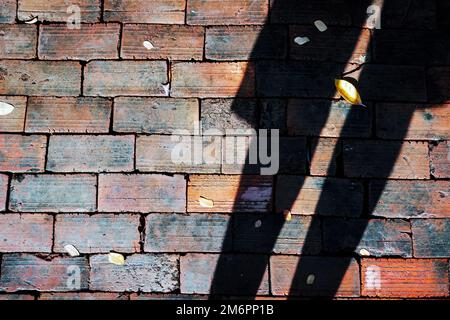 Silhouette of two legs of a man on old multicolor bricks paving stones footpath pattern on sidewalk outdoors as brickwork weave texture or abstract st Stock Photo