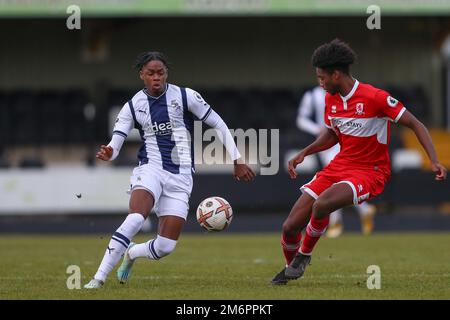 Hednesford, UK. 05th Jan, 2023. Akeel Higgins of West Bromwich Albion in action during the Premier League Cup match West Bromwich Albion vs Middlesbrough U23's at Keys Park, Hednesford, United Kingdom, 5th January 2023 (Photo by Gareth Evans/News Images) Credit: News Images LTD/Alamy Live News Stock Photo