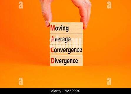 MACD symbol. Concept words MACD moving average convergence divergence on wooden block on beautiful orange background. Business MACD moving average con Stock Photo