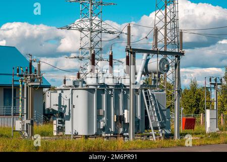 Maintenance Power Transformer in High Voltage Electrical Substation Stock Photo