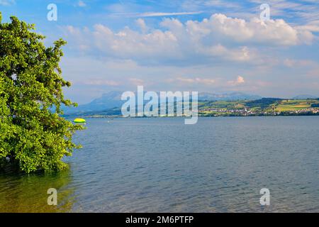 Lake Sempachersee in swiss Alps near Lucerne, Switzerland Stock Photo