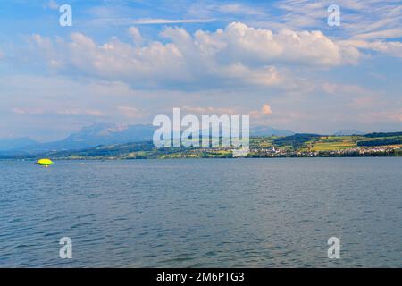 Lake Sempachersee in swiss Alps near Lucerne, Switzerland Stock Photo