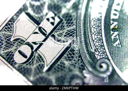 Macro of one dollar bill greatly enlarged with special tilt shift effect Stock Photo