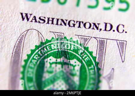 Macro of one dollar bill greatly enlarged with special tilt shift effect Stock Photo