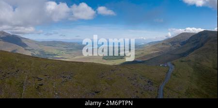 Panorama aerial view of the Mountains of the Central Dingle Peninsula and Connor Pass in County Kerry of Ireland Stock Photo