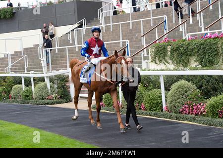 Ascot, Berkshire, UK. 30th September, 2022. Horse Justus ridden by jockey Richard Kingscote came second in the LondonMetric Handicap Stakes at Ascot Racecourse. Credit: Maureen McLean/Alamy Stock Photo